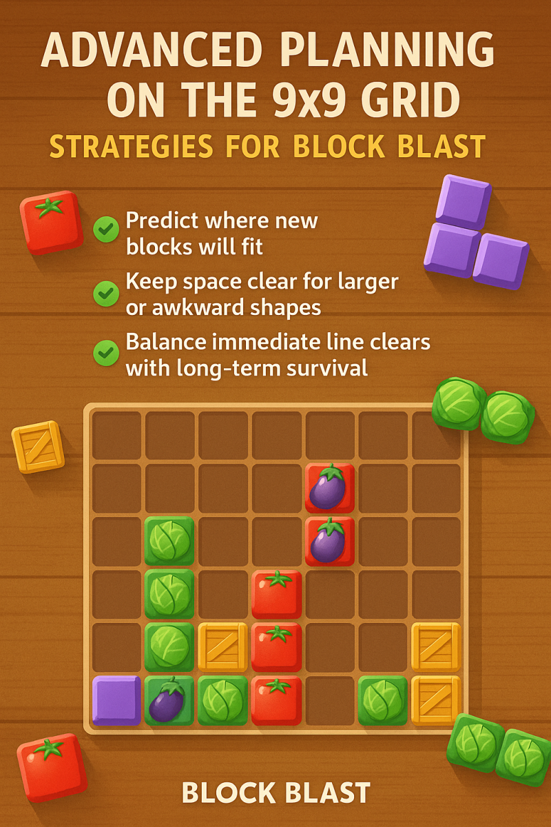 Block Blast X advanced planning on 9x9 grid with farm-style fruit and vegetable blocks