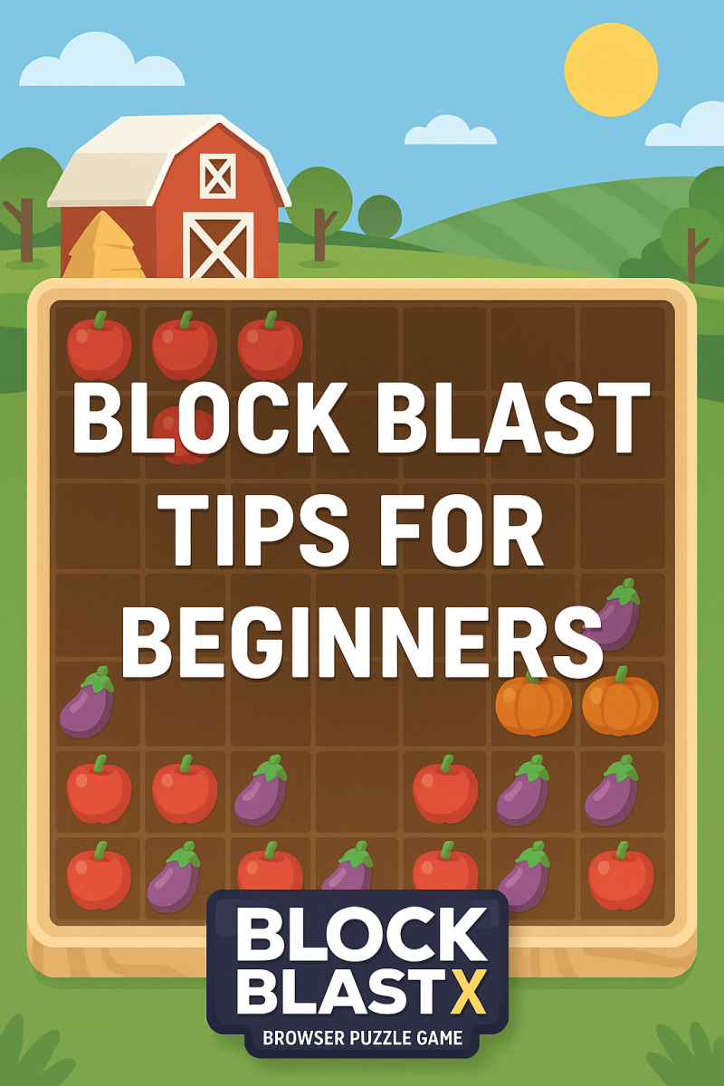 Promotional banner for Block Blast X browser puzzle game with farm-themed blocks