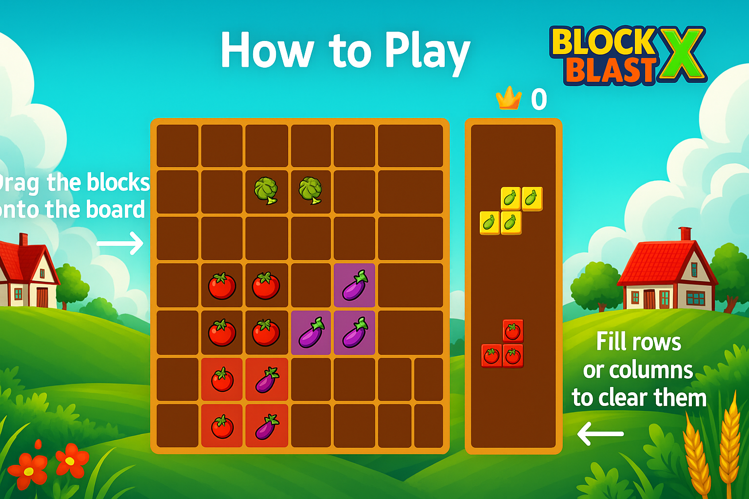 How to play Block Blast – browser puzzle game with farm theme and fruit blocks