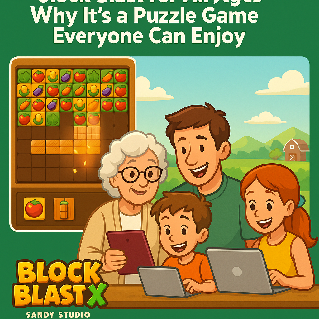 Block Blast X being played by users of all ages in a fun, farm-themed browser puzzle setting