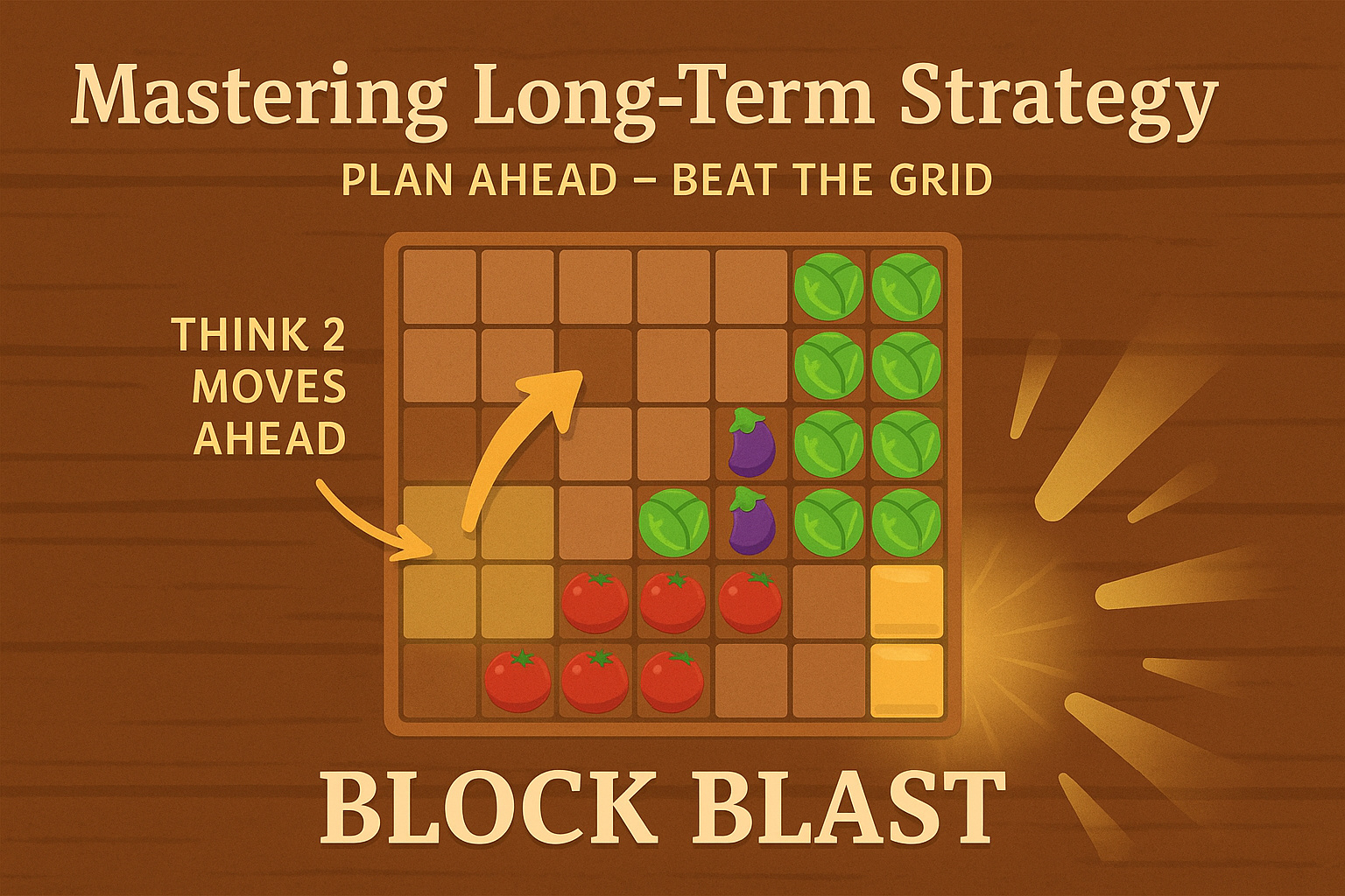 Block Blast grid showing advanced planning moves with fruit and vegetable blocks